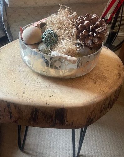 Handmade spalted beech coffee table with natural dark spalting lines and smooth satin finish in a rustic home setting
