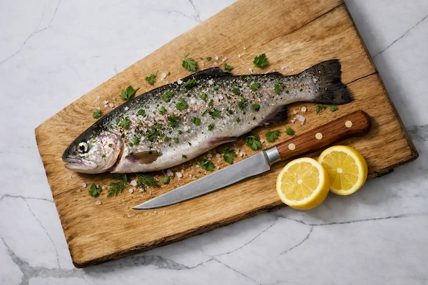 Whole seasoned fish with herbs and lemon halves on a handcrafted beech chopping board beside a wooden‑handled knife.