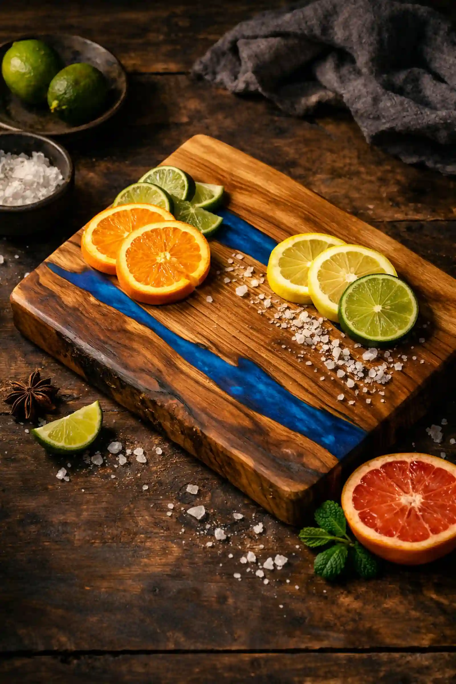 Handcrafted Apple wood board with vivid blue resin inlay, topped with sliced citrus fruits and coarse sea salt on a rustic wooden table.