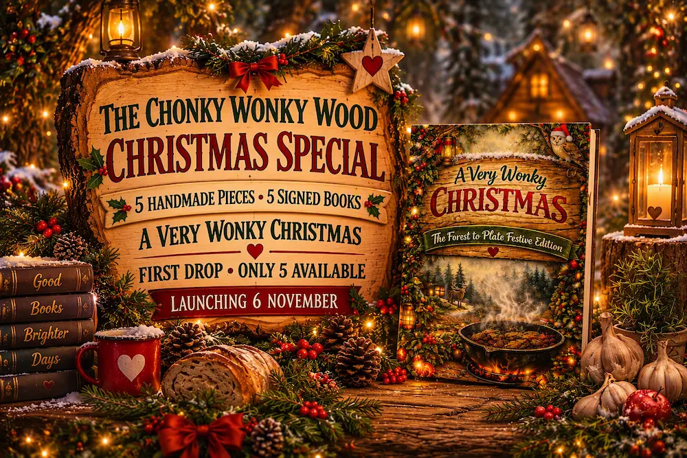 Chonky Wonky Wood Christmas Special featuring A Very Wonky Christmas signed book and handmade wooden gifts, launching 6 November.