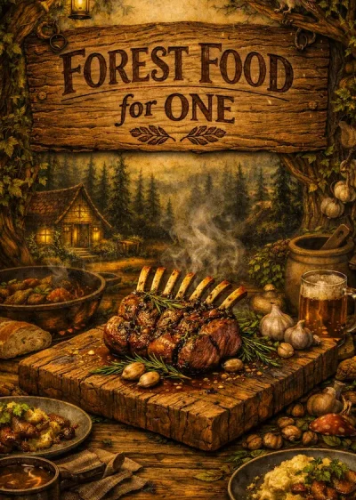 “Rustic woodland cookbook cover titled ‘Forest Food for One’, featuring a roasted rack of meat with herbs and garlic on a wooden board, surrounded by hearty dishes, bread and a tankard of beer, with a lantern-lit forest cabin in the background.”